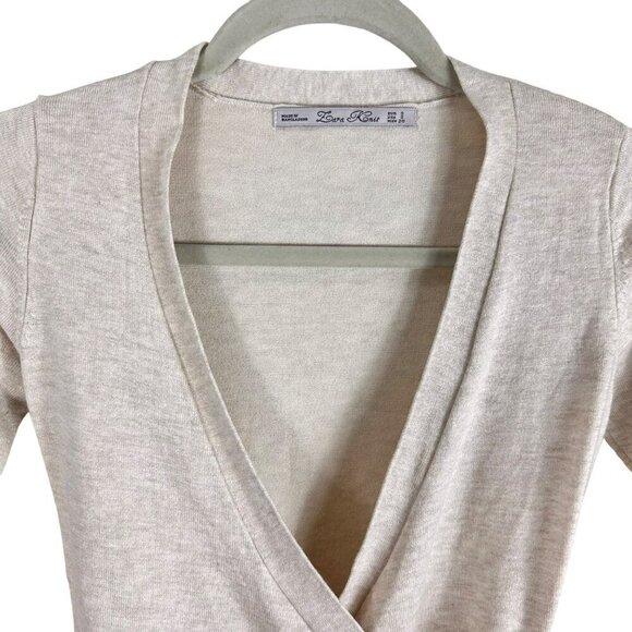 Zara‎ Ribbed Beige Cozy Knit V-Neck Surplice Tie Waist Top Small - Picture 3 of 11